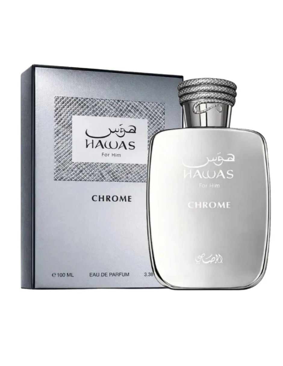 Rasasi Hawas Chrome · Unisex 100 ml · Frutal ambarado · Pack de 24 piezas