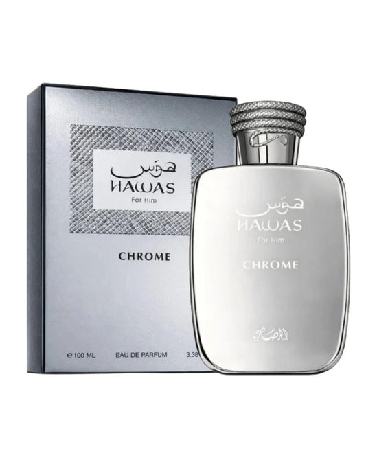 Rasasi Hawas Chrome · Unisex 100 ml · Frutal ambarado · Pack de 24 piezas