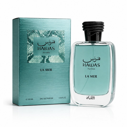 Rasasi Hawas La Mer · Hombre 100 ml · Fresco frutal amaderado · Pack de 24 piezas